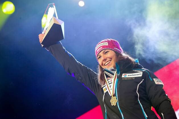 ALPINE SKIING - FIS Ski WC St. Moritz SANKT MORITZ,SWITZERLAND,10.FEB.17 - ALPINE SKIING - FIS Alpine World Ski Championships, alpine combined, award ceremony. Image shows the rejoicing of Wendy Holdener (SUI). Keywords: medal, trophy. GEPAxpictures xChristianxWalgram