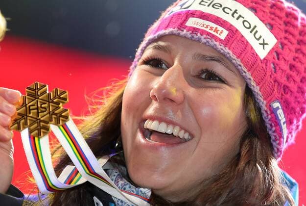 ALPINE SKIING - FIS Ski WC St. Moritz SANKT MORITZ,SWITZERLAND,10.FEB.17 - ALPINE SKIING - FIS Alpine World Ski Championships, alpine combined, award ceremony. Image shows the rejoicing of Wendy Holdener (SUI). Keywords: medal. GEPAxpictures xChristianxWalgram