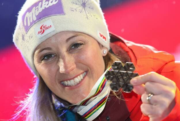 ALPINE SKIING - FIS Ski WC St. Moritz SANKT MORITZ,SWITZERLAND,10.FEB.17 - ALPINE SKIING - FIS Alpine World Ski Championships, alpine combined, award ceremony. Image shows the rejoicing of Michaela Kirchgasser (AUT). Keywords: medal. GEPAxpictures xChristianxWalgram
