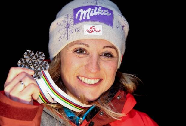 ALPINE SKIING - FIS Ski WC St. Moritz SANKT MORITZ,SWITZERLAND,10.FEB.17 - ALPINE SKIING - FIS Alpine World Ski Championships, alpine combined, award ceremony. Image shows Michaela Kirchgasser (AUT). Keywords: medal. GEPAxpictures xChristianxWalgram