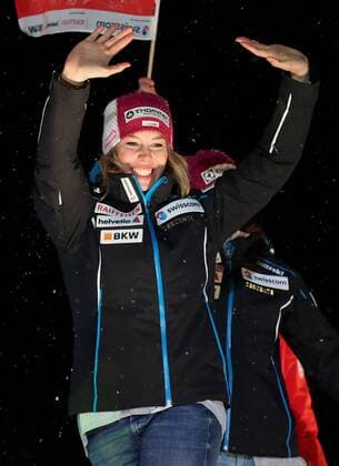 ALPINE SKIING - FIS Ski WC St. Moritz SANKT MORITZ,SWITZERLAND,10.FEB.17 - ALPINE SKIING - FIS Alpine World Ski Championships, alpine combined, award ceremony. Image shows the rejoicing of Michelle Gisin (SUI). GEPAxpictures xChristianxWalgram