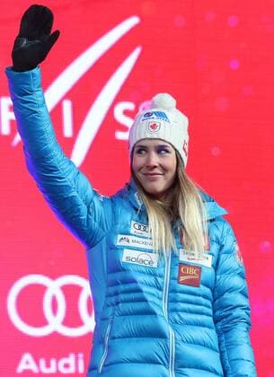 ALPINE SKIING - FIS Ski WC St. Moritz SANKT MORITZ,SWITZERLAND,10.FEB.17 - ALPINE SKIING - FIS Alpine World Ski Championships, alpine combined, award ceremony. Image shows the rejoicing of Marie-Michele Gagnon (CAN). GEPAxpictures xChristianxWalgram