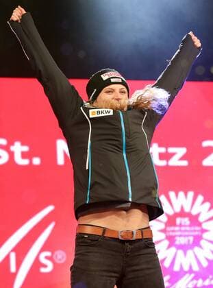 ALPINE SKIING - FIS Ski WC St. Moritz SANKT MORITZ,SWITZERLAND,10.FEB.17 - ALPINE SKIING - FIS Alpine World Ski Championships, alpine combined, award ceremony. Image shows the rejoicing of Denise Feierabend (SUI). GEPAxpictures xChristianxWalgram