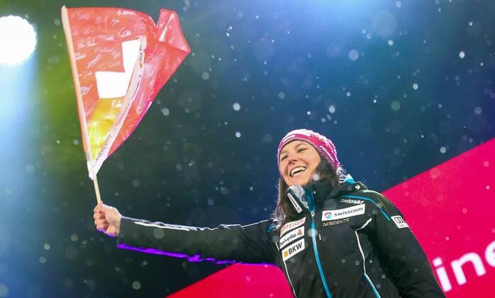 ALPINE SKIING - FIS Ski WC St. Moritz SANKT MORITZ,SWITZERLAND,10.FEB.17 - ALPINE SKIING - FIS Alpine World Ski Championships, alpine combined, award ceremony. Image shows the rejoicing of Wendy Holdener (SUI). GEPAxpictures xChristianxWalgram