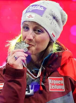 ALPINE SKIING - FIS Ski WC St. Moritz SANKT MORITZ,SWITZERLAND,10.FEB.17 - ALPINE SKIING - FIS Alpine World Ski Championships, alpine combined, award ceremony. Image shows Michaela Kirchgasser (AUT). Keywords: medal. GEPAxpictures xChristianxWalgram