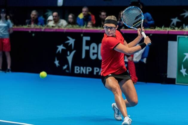 Tennis, FedCup in Bukarest, Rumänien - Belgien Tennis - FED Cup by BNP 2017 game between Romania and Belgium February 2017 February 11, 2017: Kristen Flipkens (BEL) during the FED Cup by BNP 2017 game between Romania and Belgium at Sala Polivalenta, Bucuresti, Romania ROU. Copyright: Cronos Catalin Soare