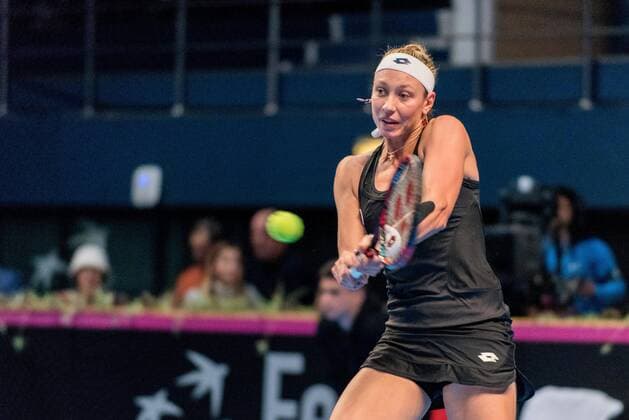 Tennis - FED Cup by BNP 2017 game between Romania and Belgium February 2017 February 11, 2017: Yanina Wickmayer (BEL) during the FED Cup by BNP 2017 game between Romania and Belgium at Sala Polivalenta, Bucuresti, Romania ROU. Copyright: Cronos Catalin Soare