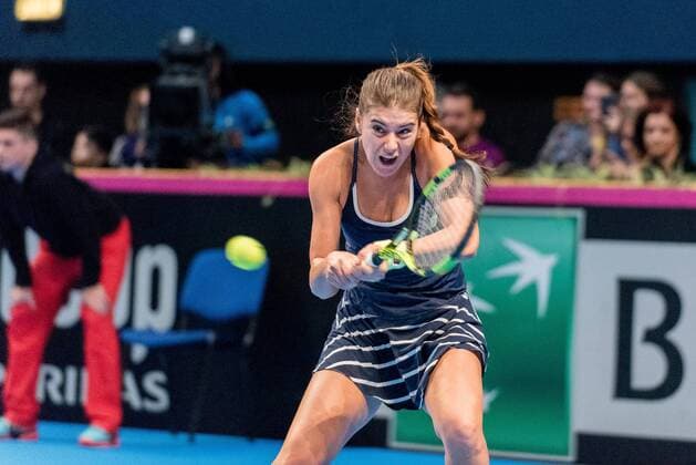 Tennis - FED Cup by BNP 2017 game between Romania and Belgium February 2017 February 11, 2017: Sorana Cirstea (ROU) during the FED Cup by BNP 2017 game between Romania and Belgium at Sala Polivalenta, Bucuresti, Romania ROU. Copyright: Cronos Catalin Soare