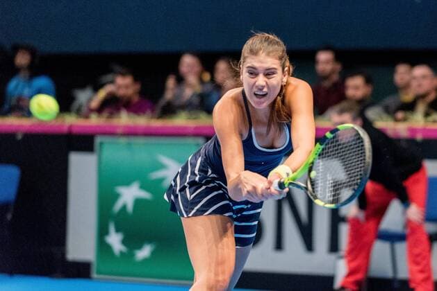 Tennis - FED Cup by BNP 2017 game between Romania and Belgium February 2017 February 11, 2017: Sorana Cirstea (ROU) during the FED Cup by BNP 2017 game between Romania and Belgium at Sala Polivalenta, Bucuresti, Romania ROU. Copyright: Cronos Catalin Soare