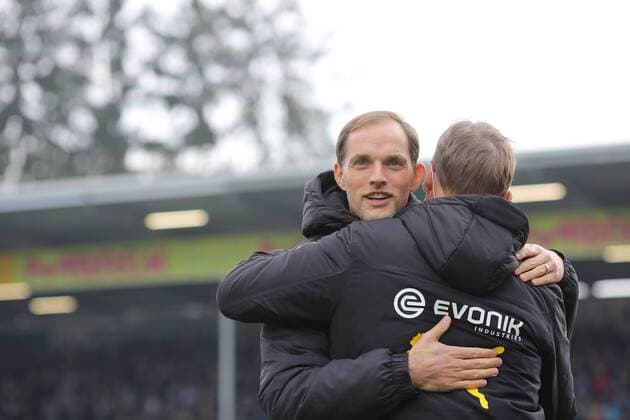 Thomas Tuchel - Stationen als Trainer, Borussia Dortmund 2015 - 2017 Thomas Tuchel (Trainer BVB) und Hans-Joachim Watzke arm in arm beim Spiel SV Darmstadt gegen Borussia Dortmund in der 1. Fussball Bundesliga am 11.02.2017, Darmstadt Copyright: xBermel Eibner-Pressefotox EP_mbl