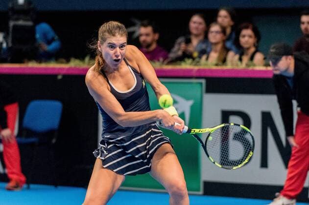 Tennis - FED Cup by BNP 2017 game between Romania and Belgium February 2017 February 11, 2017: Sorana Cirstea (ROU) during the FED Cup by BNP 2017 game between Romania and Belgium at Sala Polivalenta, Bucuresti, Romania ROU. Copyright: Cronos Catalin Soare