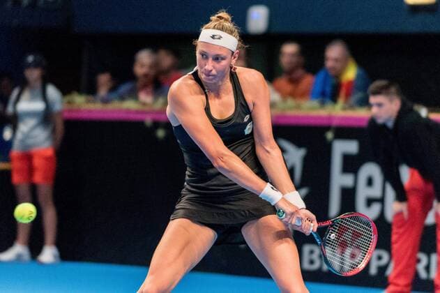 Tennis - FED Cup by BNP 2017 game between Romania and Belgium February 2017 February 11, 2017: Yanina Wickmayer (BEL) during the FED Cup by BNP 2017 game between Romania and Belgium at Sala Polivalenta, Bucuresti, Romania ROU. Copyright: Cronos Catalin Soare