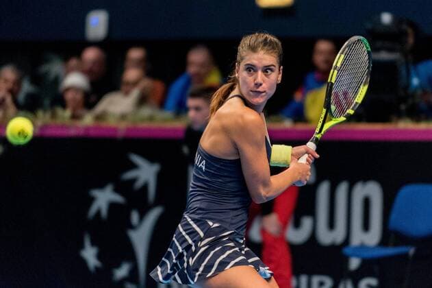Tennis - FED Cup by BNP 2017 game between Romania and Belgium February 2017 February 11, 2017: Sorana Cirstea (ROU) during the FED Cup by BNP 2017 game between Romania and Belgium at Sala Polivalenta, Bucuresti, Romania ROU. Copyright: Cronos Catalin Soare