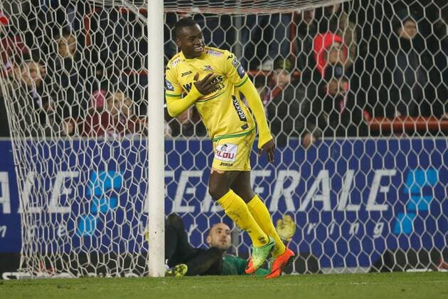 Oostende s Landry Nany Dimata celebrates after scoring during the Jupiler Pro League match between Mouscron and KV Oostende, in Mouscron, Saturday 11 February 2017, on day 26 of the Belgian soccer championship. BRUNOxFAHY  x05045168x