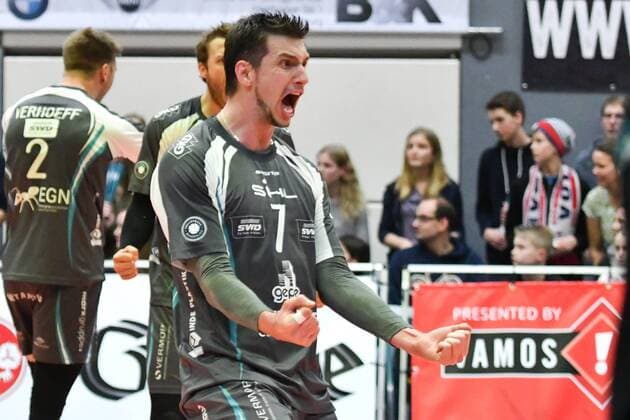 GER,VBL, SVG Lueneburg vs SWD Powervolleys Dueren 11.02.2017, Gellersenhalle, Lueneburg, GER, VBL, SVG Lueneburg vs SWD Powervolleys Dueren, im Bild Romans Sauss (Dueren 07) jubelt WM Quali, Nationalteam nordphoto xWitke