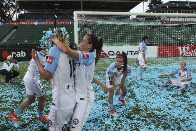 February 12th 2017, nib Stadium, Perth, Australia; Westfield W-League Womens football Grand Final, Perth Glory versus Melbourne City FC; Melbourne City players play in the confetti after defeating perth 2-0 in the Grand Final xDavidxWoodleyx  ActionPlus11845392