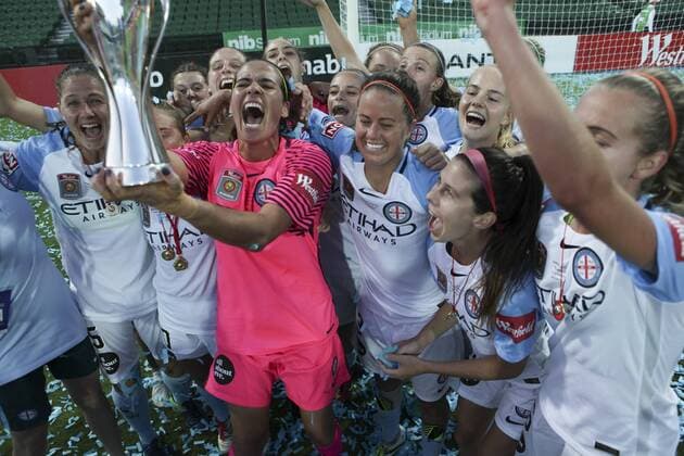 February 12th 2017, nib Stadium, Perth, Australia; Westfield W-League Womens football Grand Final, Perth Glory versus Melbourne City FC; Melbourne City players celebrate their Grand Final win over Perth Glory 2-0 xDavidxWoodleyx  ActionPlus11845393