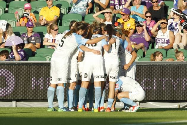 February 12th 2017, nib Stadium, Perth, Australia; Westfield W-League Womens football Grand Final, Perth Glory versus Melbourne City FC; Melbourne City celebrate a second half goal to go 2-0 up in the Grand Final xDavidxWoodleyx  ActionPlus11845387