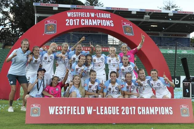 February 12th 2017, nib Stadium, Perth, Australia; Westfield W-League Womens football Grand Final, Perth Glory versus Melbourne City FC; Melbourne City players celebrate their Grand Final win over Perth Glory 2-0 xDavidxWoodleyx  ActionPlus11845388