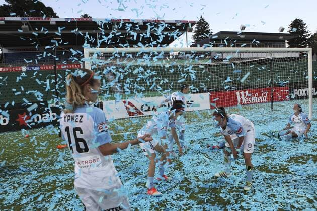 February 12th 2017, nib Stadium, Perth, Australia; Westfield W-League Womens football Grand Final, Perth Glory versus Melbourne City FC; Melbourne City players play in the confetti after defeating perth 2-0 in the Grand Final xDavidxWoodleyx  ActionPlus11845391