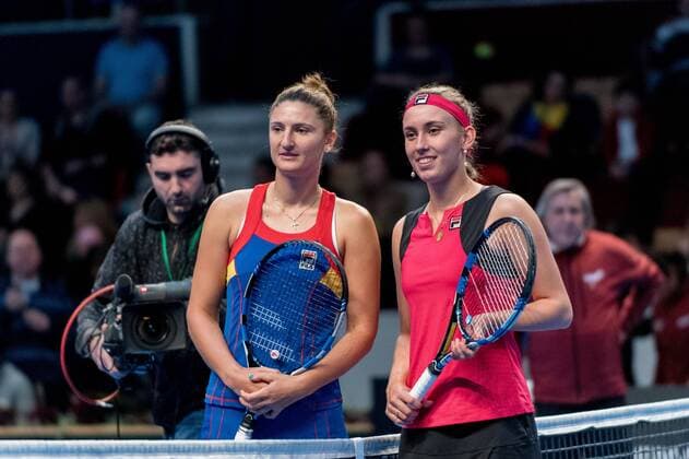 Tennis - FED Cup by BNP 2017 game between Romania and Belgium February 2017 February 12, 2017: Irina Begu (ROU) L and Elise Mertens (BEL) R during the FED Cup by BNP 2017 game between Romania and Belgium at Sala Polivalenta, Bucuresti, Romania ROU. Copyright: Cronos Catalin Soare