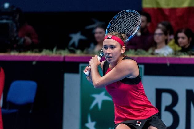 Tennis - FED Cup by BNP 2017 game between Romania and Belgium February 2017 February 12, 2017: Elise Mertens (BEL) during the FED Cup by BNP 2017 game between Romania and Belgium at Sala Polivalenta, Bucuresti, Romania ROU. Copyright: Cronos Catalin Soare