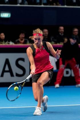 Tennis - FED Cup by BNP 2017 game between Romania and Belgium February 2017 February 12, 2017: Elise Mertens (BEL) during the FED Cup by BNP 2017 game between Romania and Belgium at Sala Polivalenta, Bucuresti, Romania ROU. Copyright: Cronos Catalin Soare