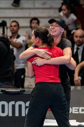 Tennis - FED Cup by BNP 2017 game between Romania and Belgium February 2017 February 12, 2017: Dominique Monami The team captain of Belgium in red and Yanina Wickmayer (BEL) in black celebrating the victory of the FED Cup by BNP 2017 game between Romania and Belgium at Sala Polivalenta, Bucuresti, Romania ROU. Copyright: Cronos Catalin Soare