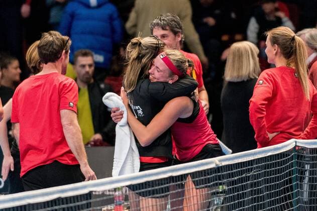 Tennis - FED Cup by BNP 2017 game between Romania and Belgium February 2017 February 12, 2017: Kristen Flipkens (BEL) L and Elise Mertens (BEL) R during the FED Cup by BNP 2017 game between Romania and Belgium at Sala Polivalenta, Bucuresti, Romania ROU. Copyright: Cronos Catalin Soare