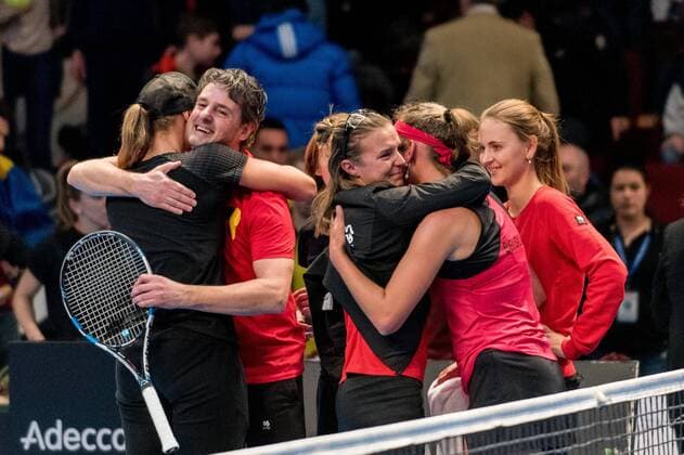 Tennis - FED Cup by BNP 2017 game between Romania and Belgium February 2017 February 12, 2017: Kristen Flipkens (BEL) L and Elise Mertens (BEL) R during the FED Cup by BNP 2017 game between Romania and Belgium at Sala Polivalenta, Bucuresti, Romania ROU. Copyright: Cronos Catalin Soare