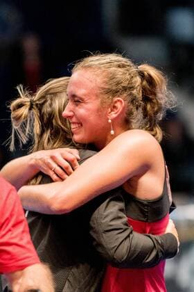 Tennis - FED Cup by BNP 2017 game between Romania and Belgium February 2017 February 12, 2017: Kristen Flipkens (BEL) L and Elise Mertens (BEL) R during the FED Cup by BNP 2017 game between Romania and Belgium at Sala Polivalenta, Bucuresti, Romania ROU. Copyright: Cronos Catalin Soare