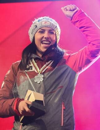 Ski Alpin, WM in St. Moritz, Siegerehrung Abfahrt der Damen ALPINE SKIING - FIS Ski WC St. Moritz SANKT MORITZ,SWITZERLAND,12.FEB.17 - ALPINE SKIING - FIS Alpine World Ski Championships, downhill, men, Audi house. Image shows the rejoicing of Stephanie Venier (AUT). Keywords: medal. GEPAxpictures xMarioxKneisl