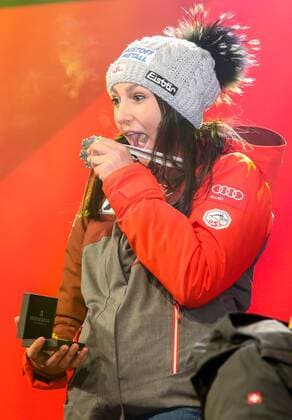 Ski Alpin, WM in St. Moritz, Siegerehrung Abfahrt der Damen ALPINE SKIING - FIS Ski WC St. Moritz SANKT MORITZ,SWITZERLAND,12.FEB.17 - ALPINE SKIING - FIS Alpine World Ski Championships, downhill, men, Audi house. Image shows Stephanie Venier (AUT). Keywords: medal. GEPAxpictures xMarioxKneisl
