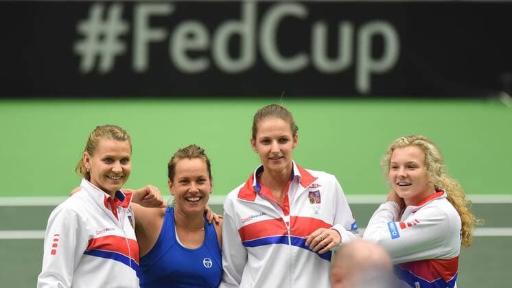 From left Lucie Safarova, Barbora Strycova, Karolina Pliskova, Katerina Siniakova from Czech Republic celebrate a victory after the tennis match of the Fed Cup 1st round between the Czech Republic (Barbora Strycova) and Spain (Lara Arruabarrena), in Ostrava, Czech Republic, February 12, 2017. (CTKxPhoto JaroslavxOzana) CTKPhotoP201702120546301  JAO_0332