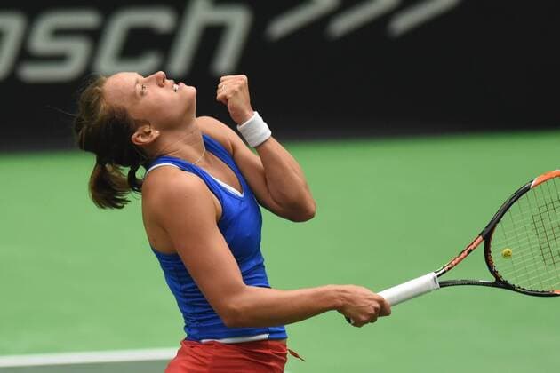 Czech tennis player Barbora Strycova in action during the tennis match of the Fed Cup 1st round between the Czech Republic and Spain (Lara Arruabarrena), in Ostrava, Czech Republic, February 12, 2017. (CTKxPhoto JaroslavxOzana) CTKPhotoP201702120476901  JAO_0040