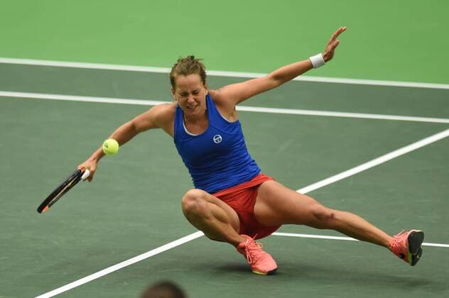 Czech tennis player Barbora Strycova in action during the tennis match of the Fed Cup 1st round between the Czech Republic and Spain (Lara Arruabarrena), in Ostrava, Czech Republic, February 12, 2017. (CTKxPhoto JaroslavxOzana) CTKPhotoP201702120518601  JAO_0098