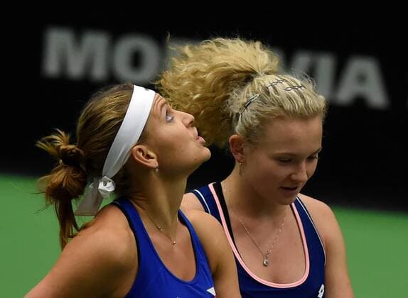 The double team of the Czech Republic with Lucie Safarova (left) and Katerina Siniakova (right) in action during the tennis match of the Fed Cup 1st round between the Czech Republic and Spain (Sara Sorribes, Maria Jose Martinez), in Ostrava, Czech Republic, February 12, 2017. (CTKxPhoto JaroslavxOzana) CTKPhotoP201702120691601  jao 11