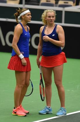 The double team of the Czech Republic with Lucie Safarova (left) and Katerina Siniakova (right) in action during the tennis match of the Fed Cup 1st round between the Czech Republic and Spain (Sara Sorribes, Maria Jose Martinez), in Ostrava, Czech Republic, February 12, 2017. (CTKxPhoto JaroslavxOzana) CTKPhotoP201702120691801  jao 15