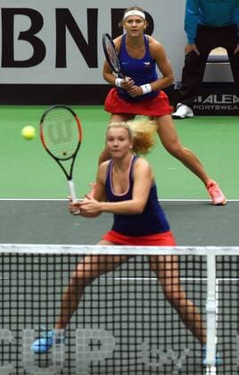 The double team of the Czech Republic with Lucie Safarova (back) and Katerina Siniakova (front) in action during the tennis match of the Fed Cup 1st round between the Czech Republic and Spain (Sara Sorribes, Maria Jose Martinez), in Ostrava, Czech Republic, February 12, 2017. (CTKxPhoto JaroslavxOzana) CTKPhotoP201702120695401  jao 18