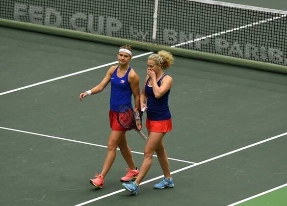 The double team of the Czech Republic with Lucie Safarova (left) and Katerina Siniakova (right) in action during the tennis match of the Fed Cup 1st round between the Czech Republic and Spain (Sara Sorribes, Maria Jose Martinez), in Ostrava, Czech Republic, February 12, 2017. (CTKxPhoto JaroslavxOzana) CTKPhotoP201702120698101  jao 19 k