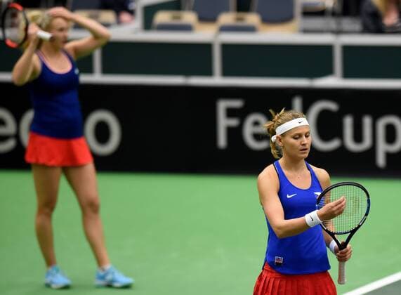 The double team of the Czech Republic with Lucie Safarova (left) and Katerina Siniakova in action during the tennis match of the Fed Cup 1st round between the Czech Republic and Spain (Sara Sorribes, Maria Jose Martinez), in Ostrava, Czech Republic, February 12, 2017. (CTKxPhoto JaroslavxOzana) CTKPhotoP201702120772001  jao 8