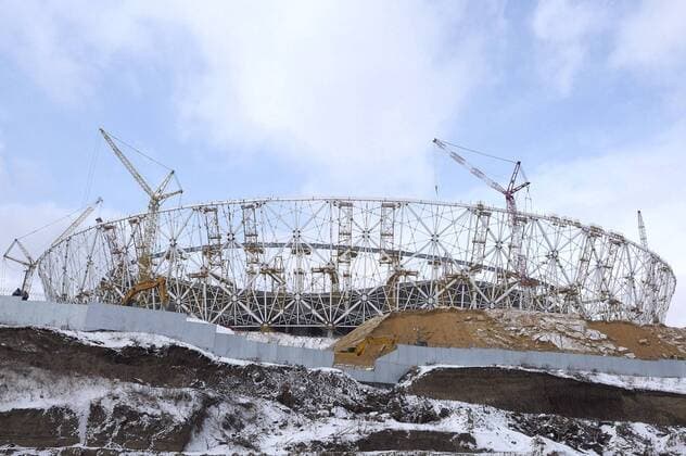 VOLGOGRAD, RUSSIA - FEBRUARY 13, 2017: The Volgograd Arena Stadium, which is to host some football matches of the 2018 FIFA World Cup WM Weltmeisterschaft Fussball is under construction at the site of the former Tsentralny Stadium. Dmitry Rogulin TASS  TS040FD8