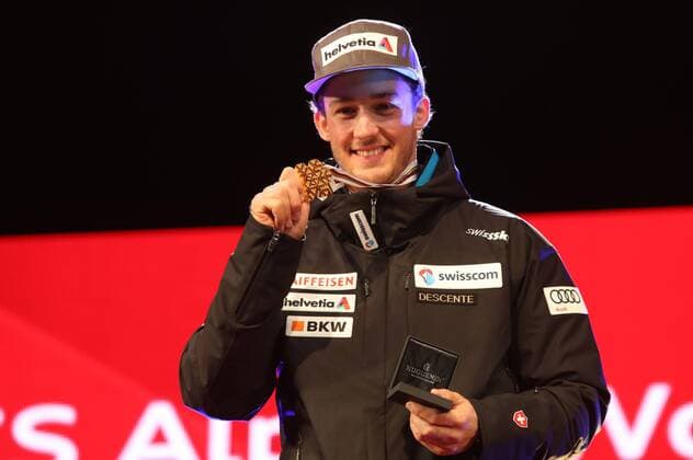 ALPINE SKIING - FIS Ski WC St. Moritz SANKT MORITZ,SWITZERLAND,13.FEB.17 - ALPINE SKIING - FIS Alpine World Ski Championships, alpine combined, men, award ceremony. Image shows Luca Aerni (SUI). Keywords: medal. GEPAxpictures xMarioxKneisl
