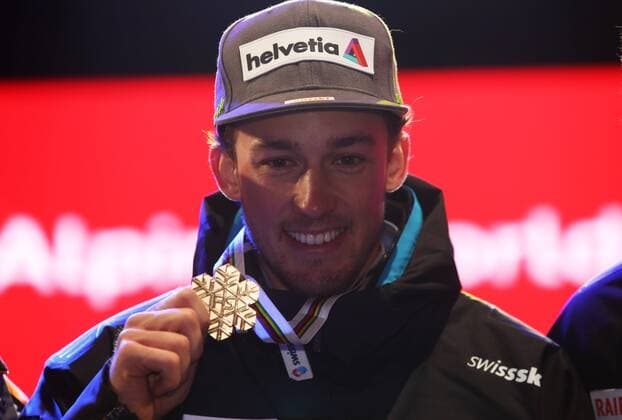 ALPINE SKIING - FIS Ski WC St. Moritz SANKT MORITZ,SWITZERLAND,13.FEB.17 - ALPINE SKIING - FIS Alpine World Ski Championships, alpine combined, men, award ceremony. Image shows Luca Aerni (SUI). Keywords: medal. GEPAxpictures xMarioxKneisl