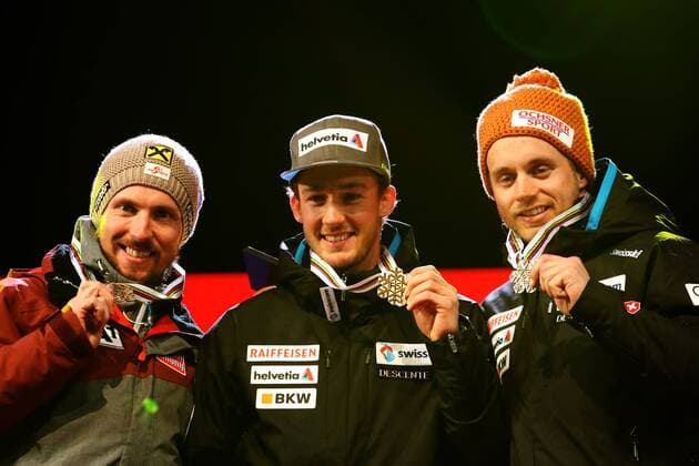 Bilder des Tages - SPORT ALPINE SKIING - FIS Ski WC St. Moritz SANKT MORITZ,SWITZERLAND,13.FEB.17 - ALPINE SKIING - FIS Alpine World Ski Championships, alpine combined, men, award ceremony. Image shows Marcel Hirscher (AUT), Luca Aerni and Mauro Caviezel (SUI). Keywords: medal. GEPAxpictures xMarioxKneisl