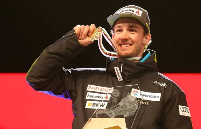 ALPINE SKIING - FIS Ski WC St. Moritz SANKT MORITZ,SWITZERLAND,13.FEB.17 - ALPINE SKIING - FIS Alpine World Ski Championships, alpine combined, men, award ceremony. Image shows Luca Aerni (SUI). Keywords: medal. GEPAxpictures xMarioxKneisl