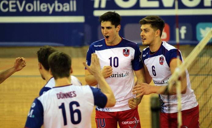 14.02.2017 Belgrade(Serbia) OK Crvena Zvezda(Red Star)-United Volleys Rheinmain Cev Cup men s volleyball Moritz Reichert(c) and Robert ACIOBANITEI (r) United Volleys Rheinmain celebration : 