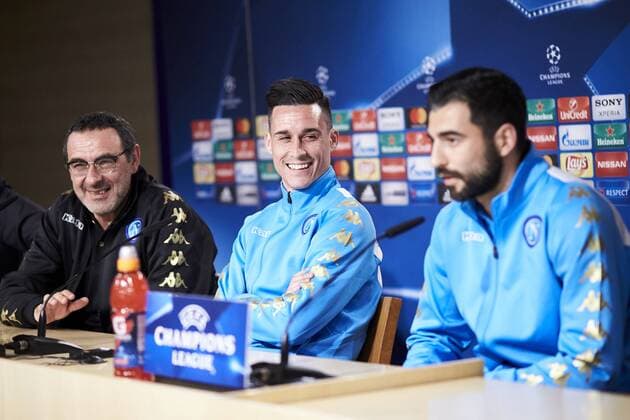 Napoles es coach Maurizio Sarri (L), Jose Callejon (C) and Raul Albiol (R) during the press conference PK Pressekonferenz before Champions League Match between Real Madrid and Napoles at Santiago Bernabeu Stadium in Spain. February 14, 2017.  (2017021443)