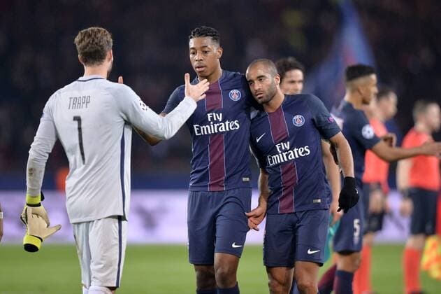 Fußball, CL, Paris St. Germain - FC Barcelona 07 LUCAS MOURA (psg) - 03 PRESNEL KIMPEMBE (psg) - Jubel FOOTBALL : Paris SG vs Barcelona - Champions League - 14 02 2017 AnthonyBIBARD FEP 
