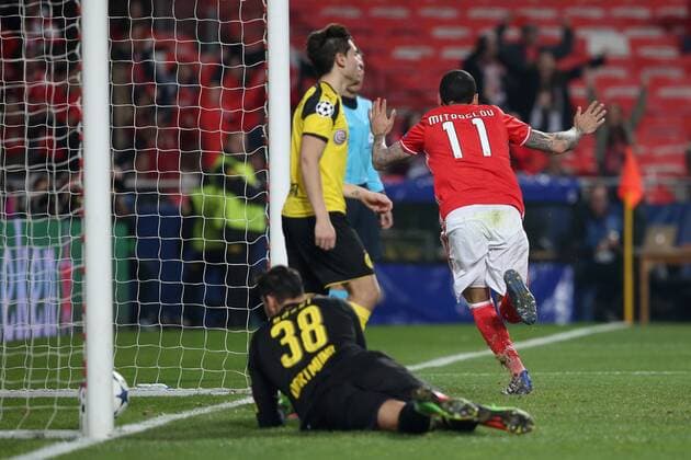 February 14, 2017 - Lisbon, Portugal - Benfica s forward Kostas Mitroglou celebrates after scoring a goal during the UEFA Champions League round of 16 first leg football match SL Benfica vs Borussia Dortmund at the Luz stadium in Lisbon Portugal on February 14, 2017. SL Benfica v Borussia Dortmund - UEFA Champions League Round of 16: First Leg  - ZUMAn230 20170214_zaa_n230_469 Copyright: xPedroxFiuzax